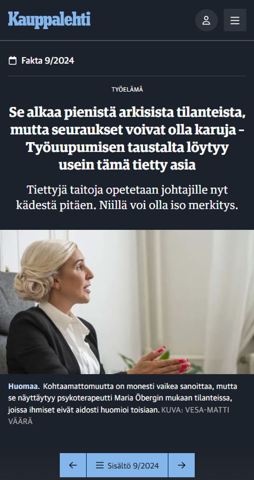 Lehtijuttu - Se alkaa pienistä arkisista tilanteista, mutta seuraukset voivat olla karuja – Työuupumisen taustalta löytyy usein tämä tietty asia - Kauppalehti