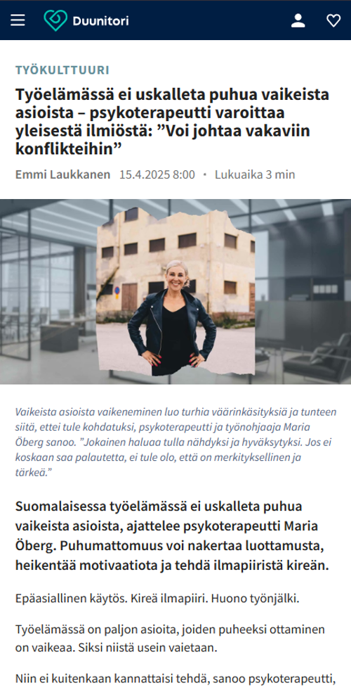 Lehtijuttu - Työelämässä ei uskalleta puhua vaikeista asioista – psykoterapeutti varoittaa yleisestä ilmiöstä: ”Voi johtaa vakaviin konflikteihin” - Duunitori